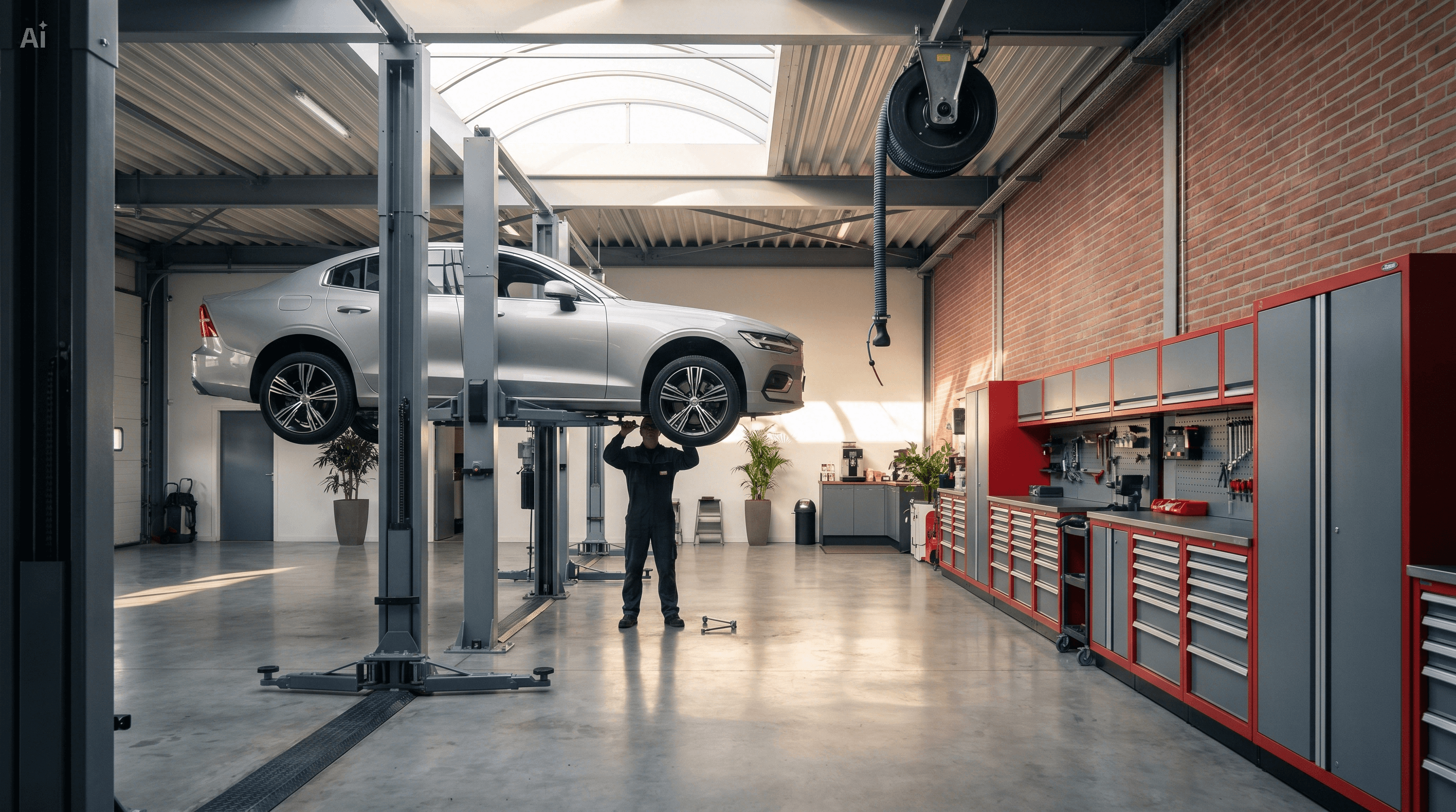 Wide view of the Easy Auto workshop with a vehicle on a hydraulic lift