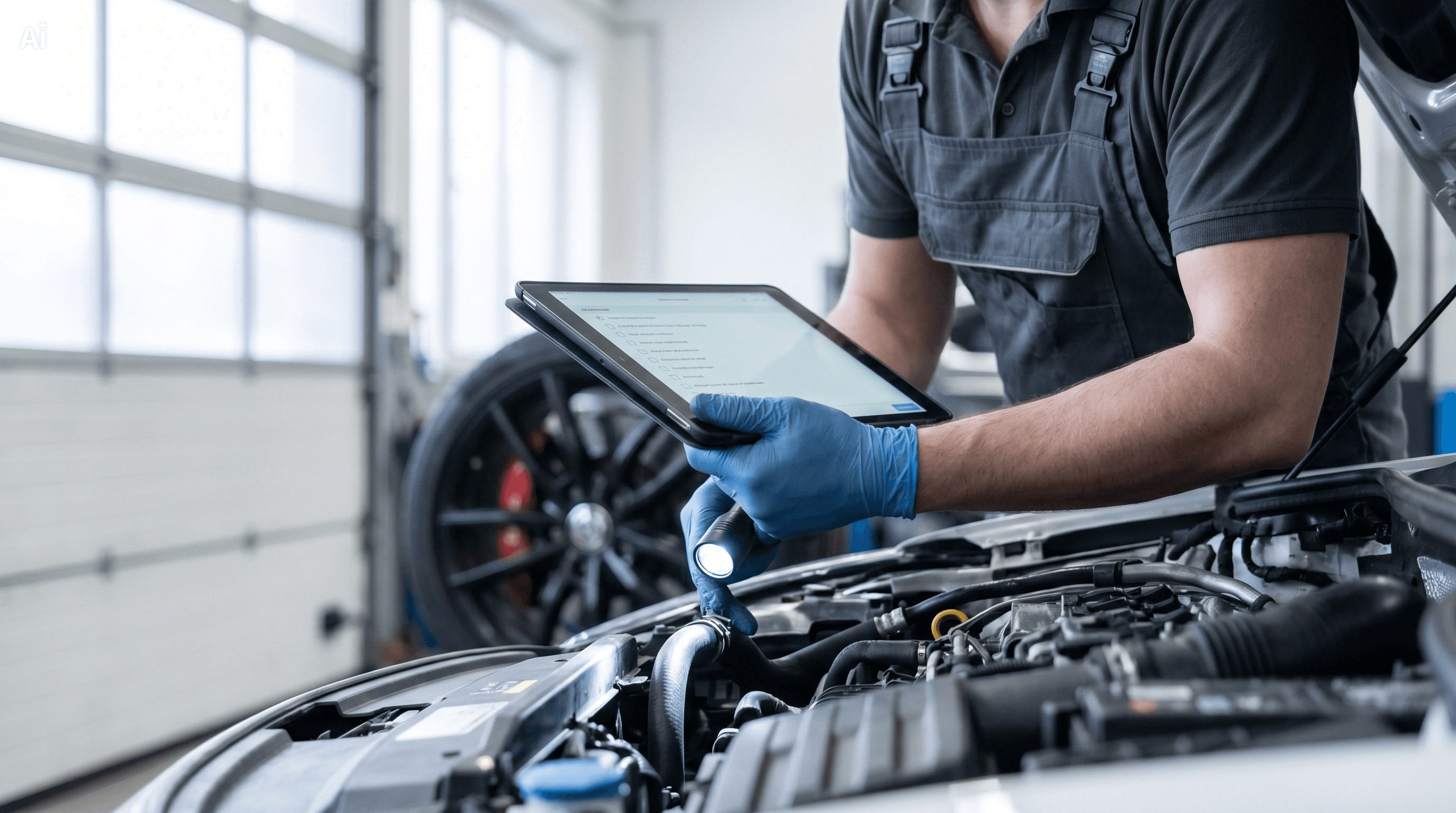 Technician performing a vehicle inspection with a digital tablet
