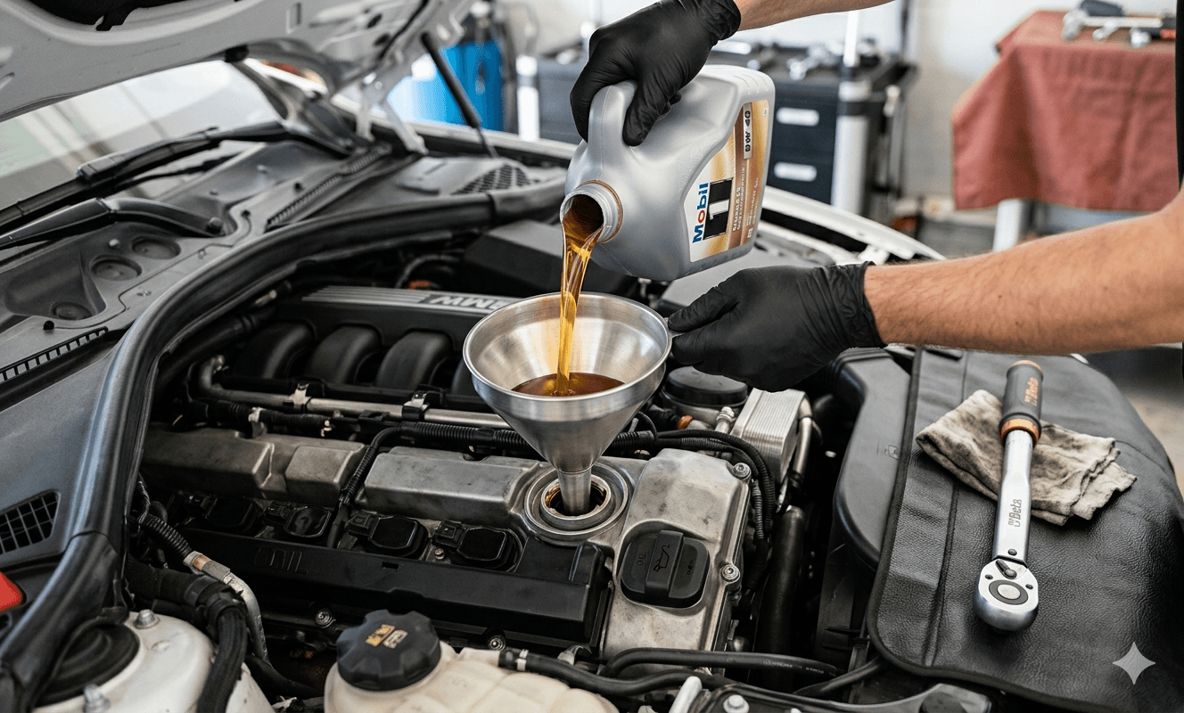 Fresh engine oil being poured into a vehicle's oil filler cap
