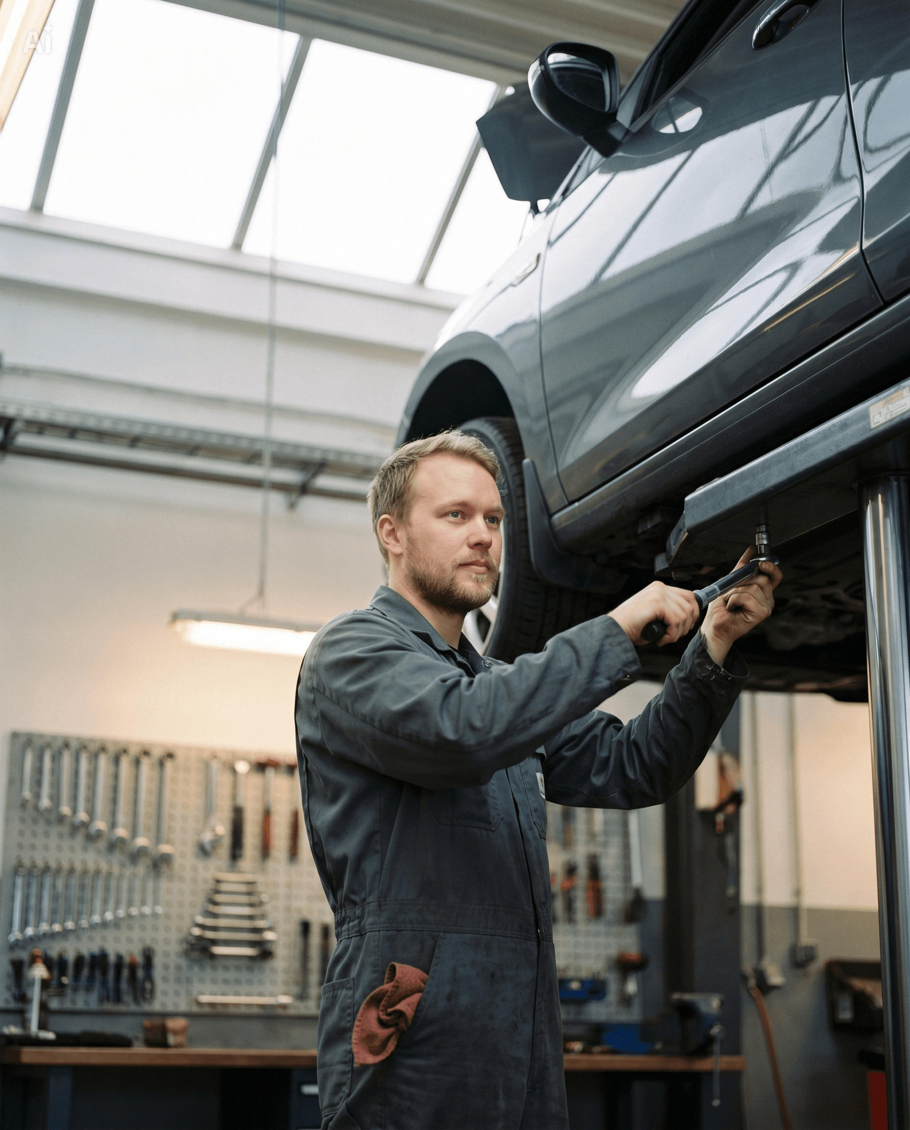 Easy Auto technician working under a lifted vehicle in the Tuusula workshop